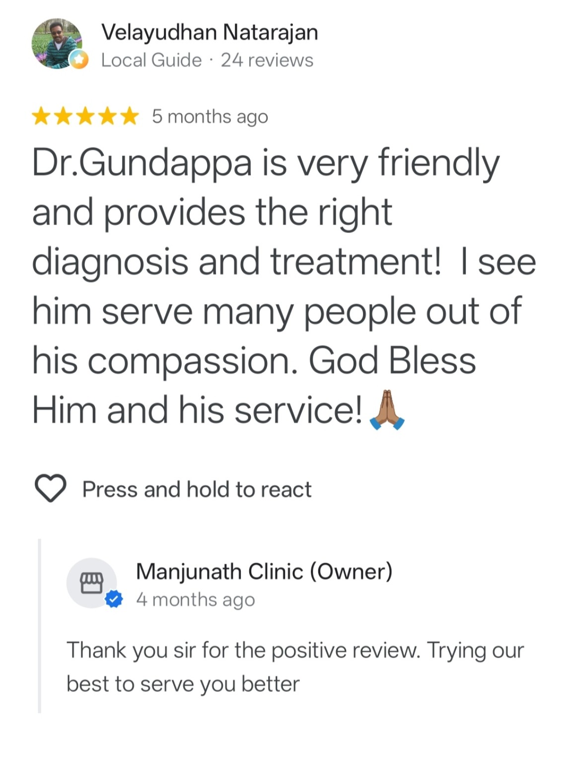 Google review by Velayudhan Natarajan