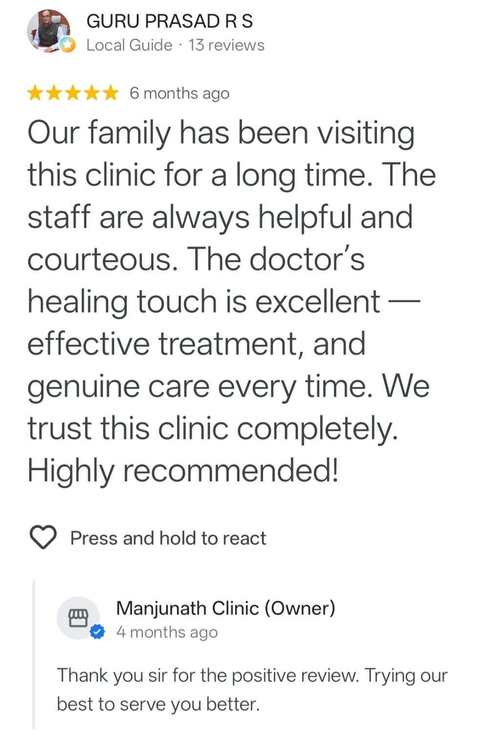 Google review by GURU PRASAD R S